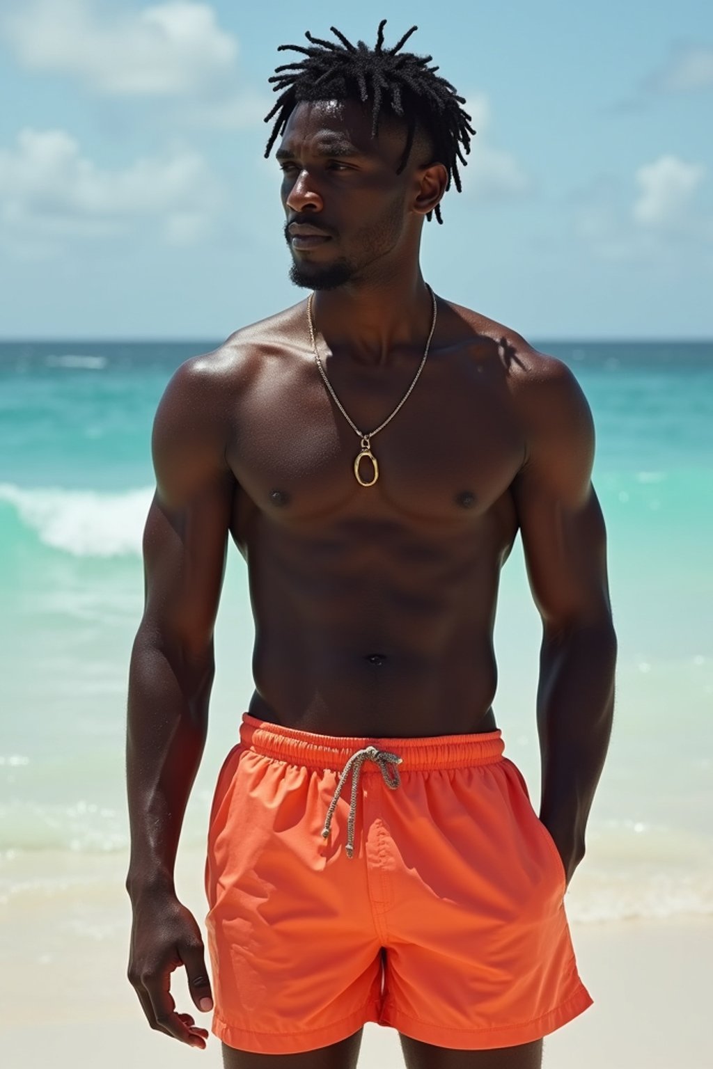 masculine  man in solid color  swim shorts on the beach, wet hair, swimsuit sports illustrated FHM maxim photos