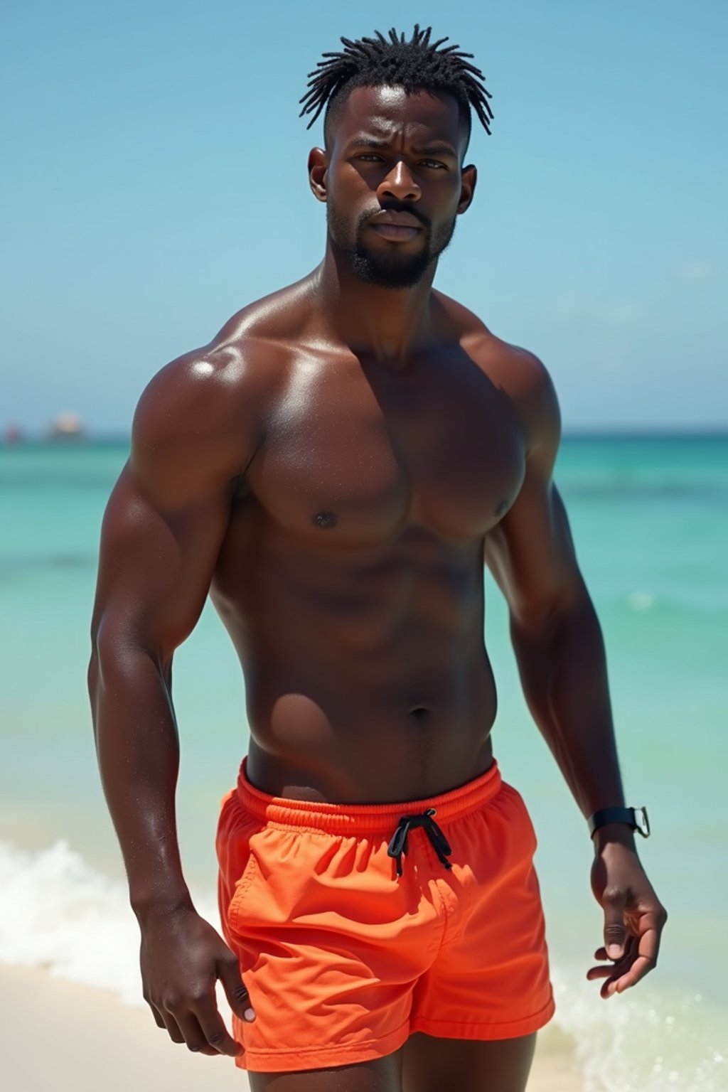 masculine  man in solid color  swim shorts on the beach, wet hair, swimsuit sports illustrated FHM maxim photos