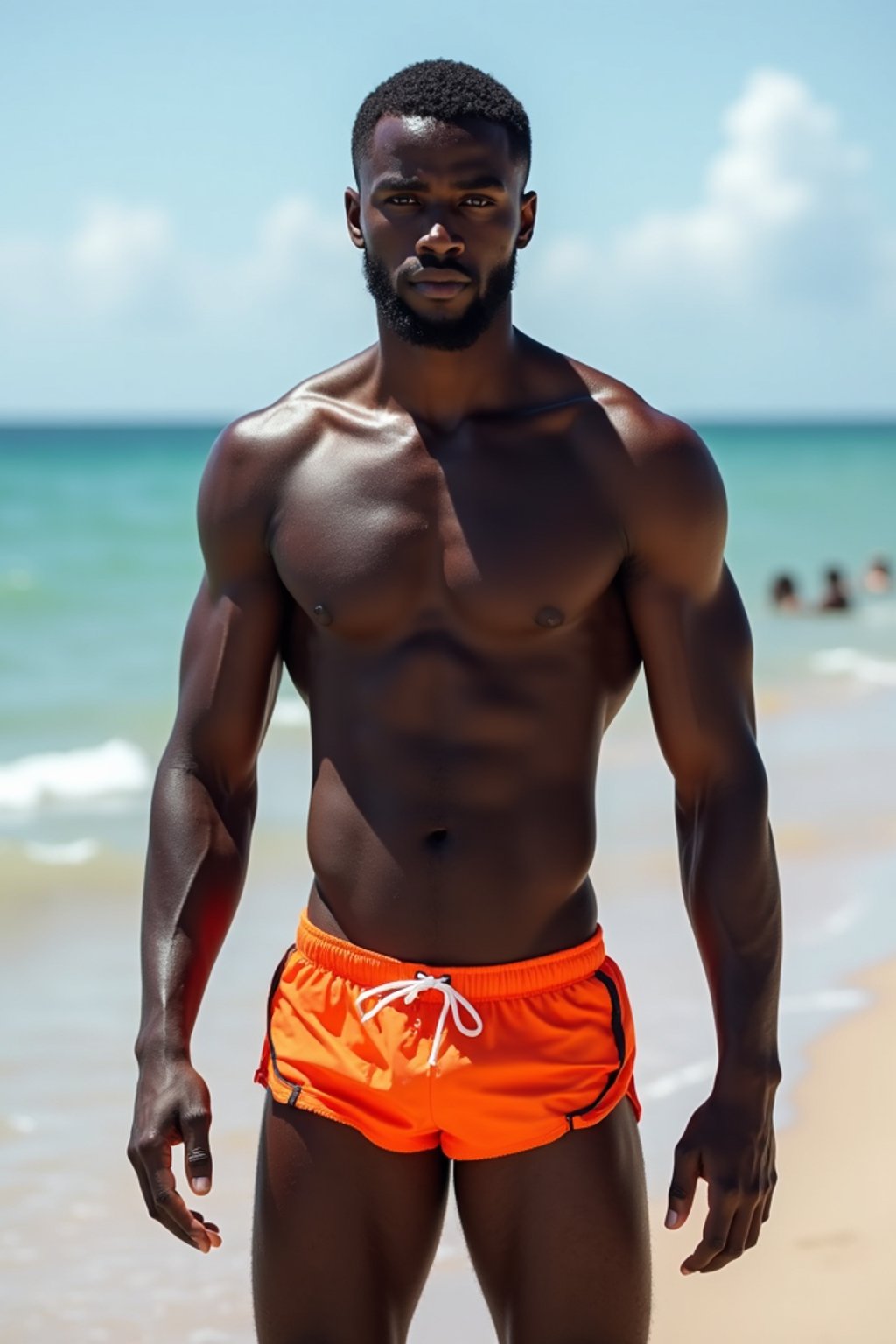 masculine  man in solid color  swim shorts on the beach, wet hair, swimsuit sports illustrated FHM maxim photos