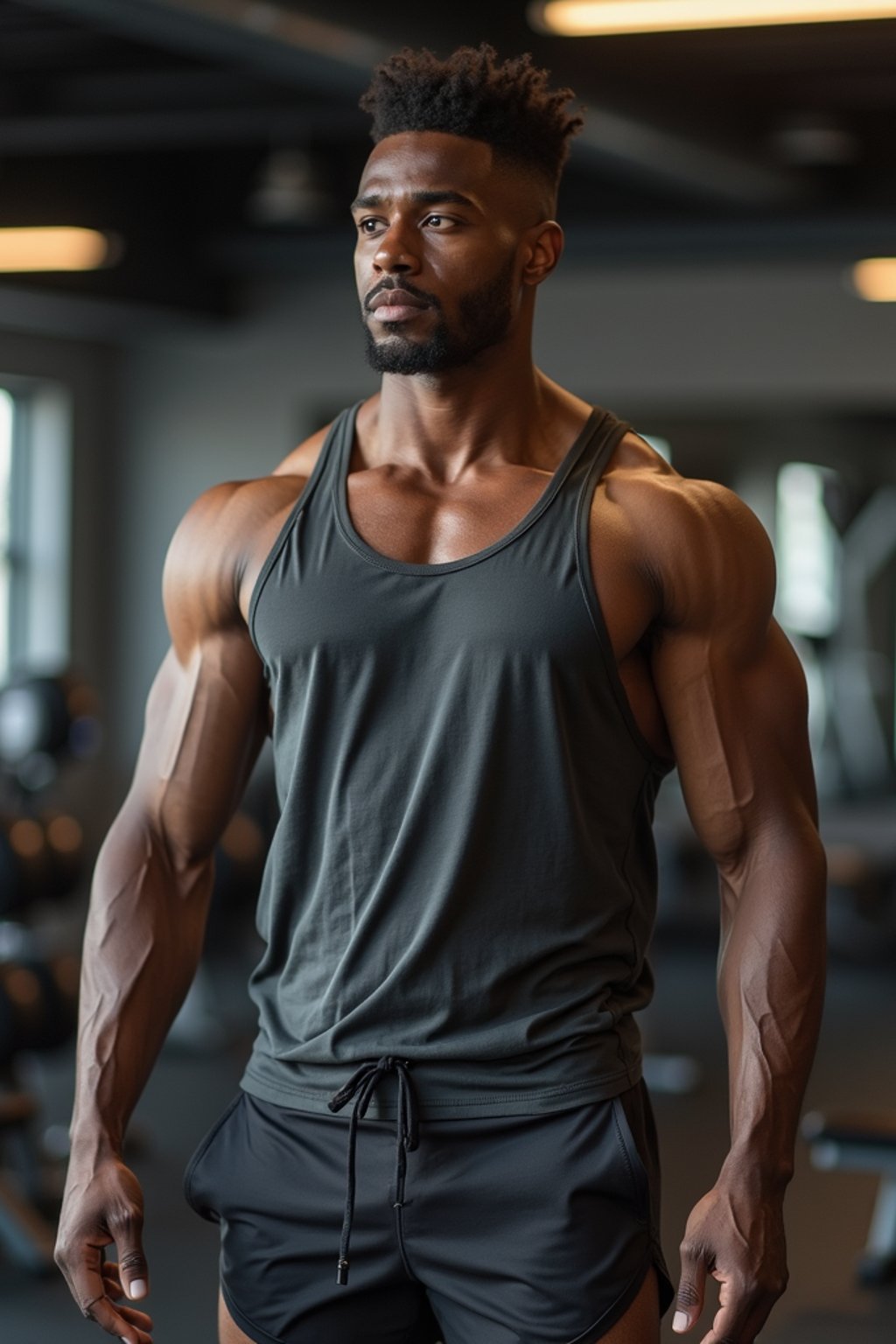 masculine  man wearing  or shorts and sports top in the fitness gym