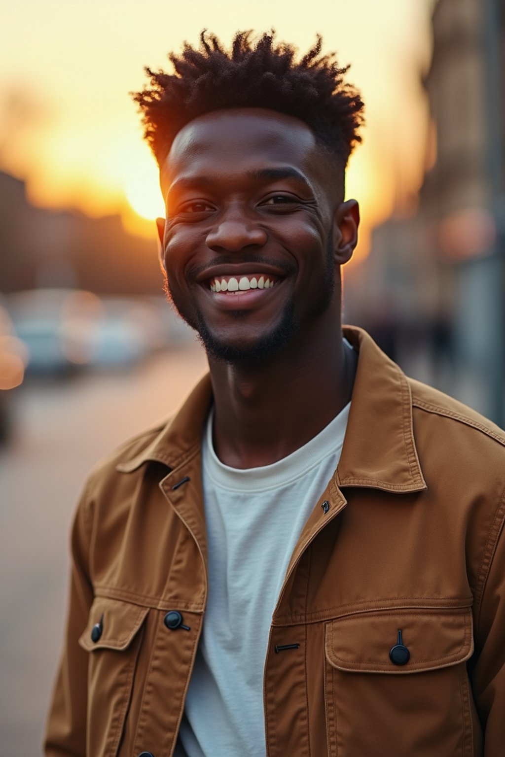 headshot of smiling man wearing casual clothes posing for dating app headshot. outdoor blurry background. the lighting is warm, possibly from a setting sun, creating a soft glow around him, enhancing the casual and relaxed vibe of the image. the setting seems to be outdoors, likely in an urban environment, with the blurred background hinting at a street or park-like area. this image likely portrays a youthful, active, and approachable individual, possibly in a lifestyle or fashion-related context.