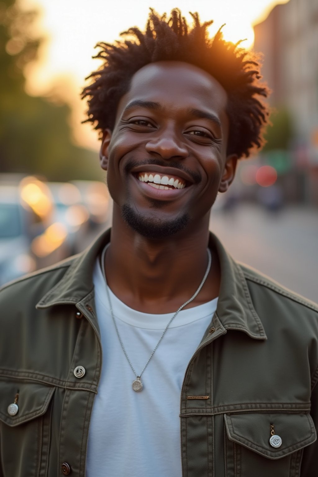 headshot of smiling man wearing casual clothes posing for dating app headshot. outdoor blurry background. the lighting is warm, possibly from a setting sun, creating a soft glow around him, enhancing the casual and relaxed vibe of the image. the setting seems to be outdoors, likely in an urban environment, with the blurred background hinting at a street or park-like area. this image likely portrays a youthful, active, and approachable individual, possibly in a lifestyle or fashion-related context.