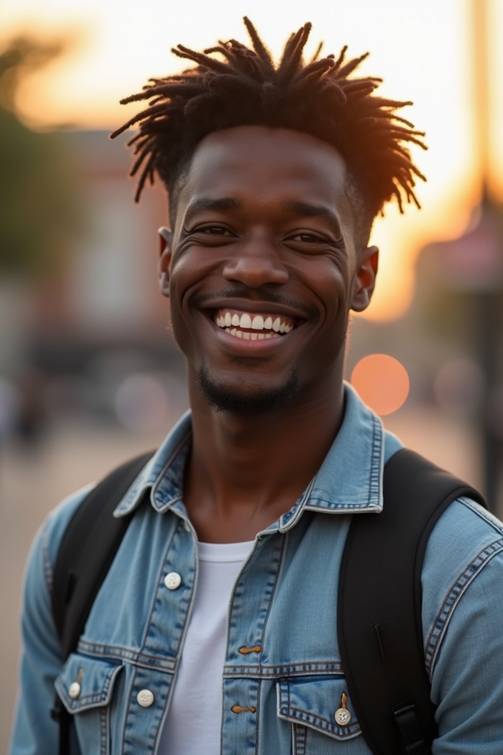 headshot of smiling man wearing casual clothes posing for dating app headshot. outdoor blurry background. the lighting is warm, possibly from a setting sun, creating a soft glow around him, enhancing the casual and relaxed vibe of the image. the setting seems to be outdoors, likely in an urban environment, with the blurred background hinting at a street or park-like area. this image likely portrays a youthful, active, and approachable individual, possibly in a lifestyle or fashion-related context.