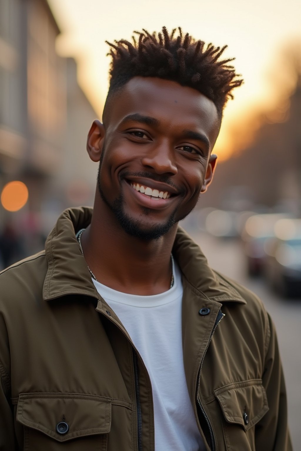 headshot of smiling man wearing casual clothes posing for dating app headshot. outdoor blurry background. the lighting is warm, possibly from a setting sun, creating a soft glow around him, enhancing the casual and relaxed vibe of the image. the setting seems to be outdoors, likely in an urban environment, with the blurred background hinting at a street or park-like area. this image likely portrays a youthful, active, and approachable individual, possibly in a lifestyle or fashion-related context.