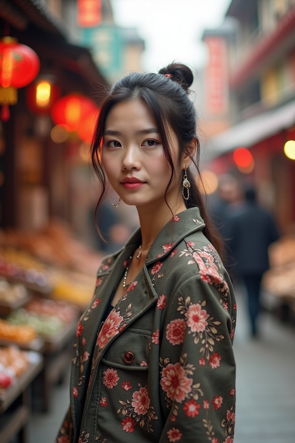 a stylish  feminine woman exploring a street market