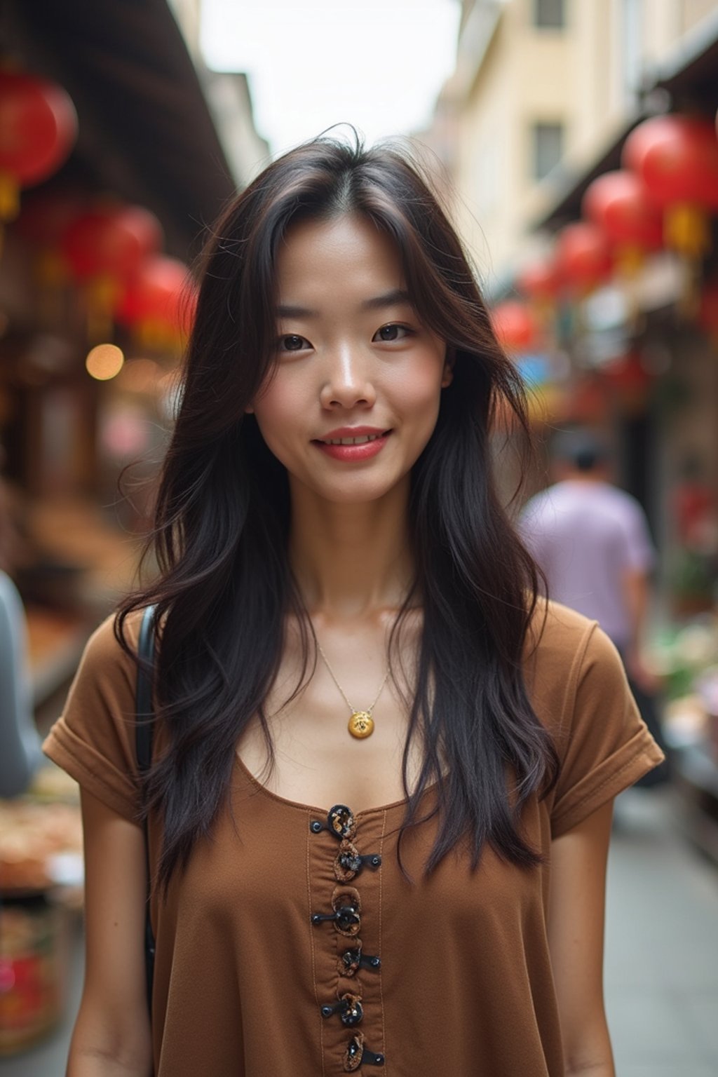 a stylish  feminine woman exploring a street market