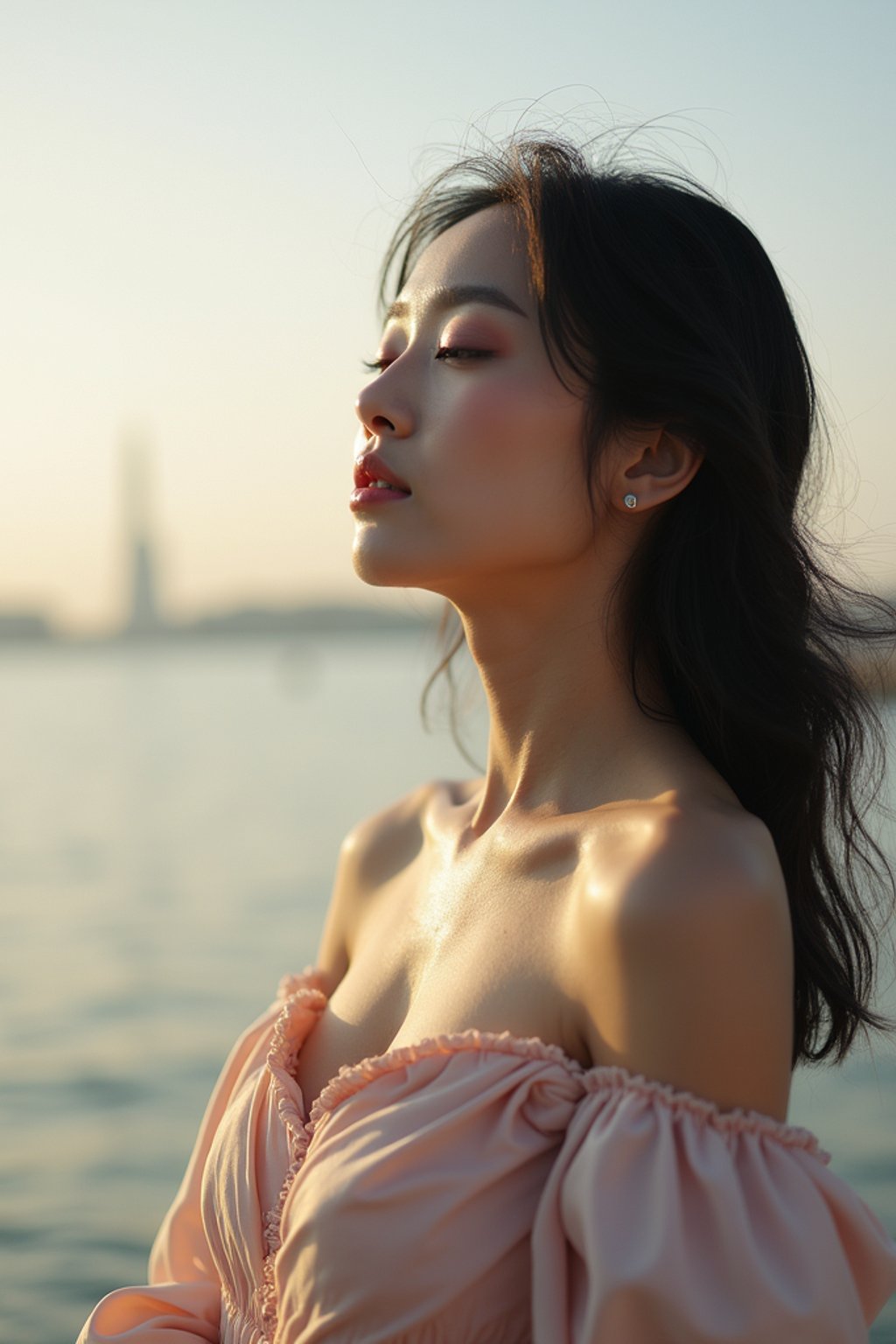 a captivating  feminine woman enjoying a peaceful moment by the waterfront