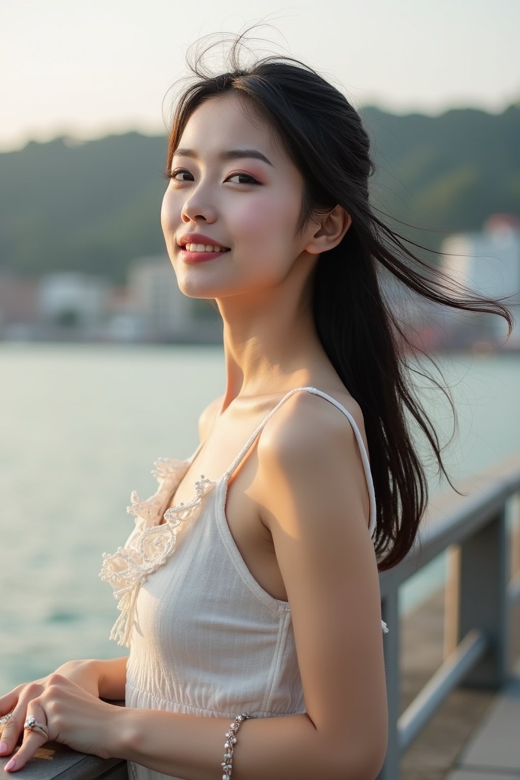 a captivating  feminine woman enjoying a peaceful moment by the waterfront