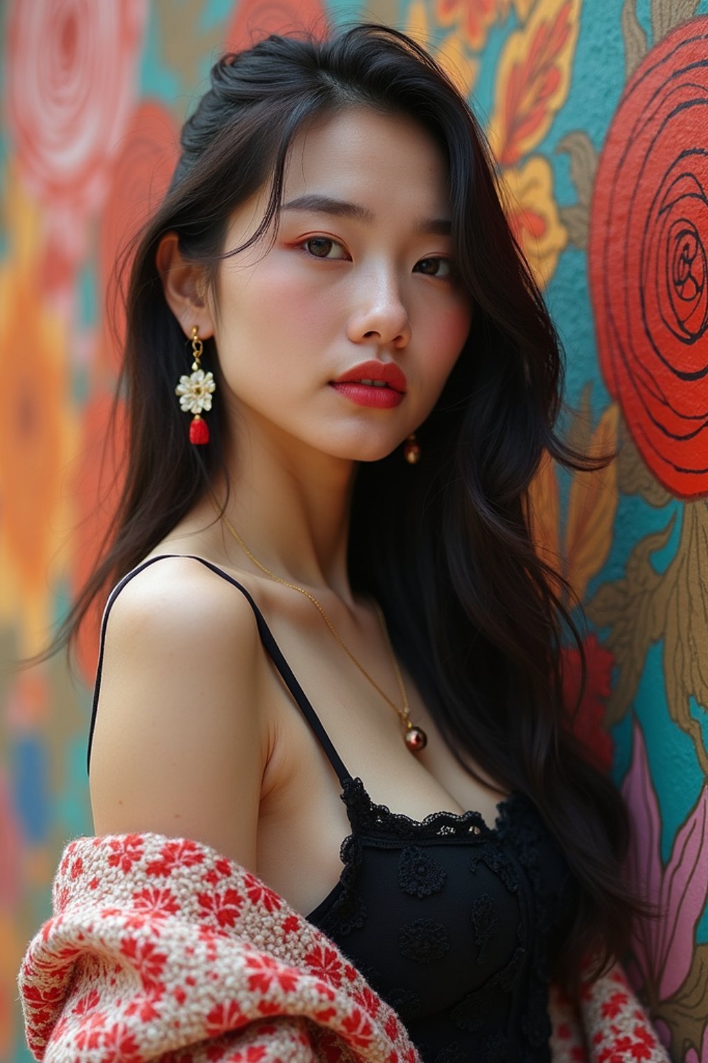 a fashionable  feminine woman posing in front of street art