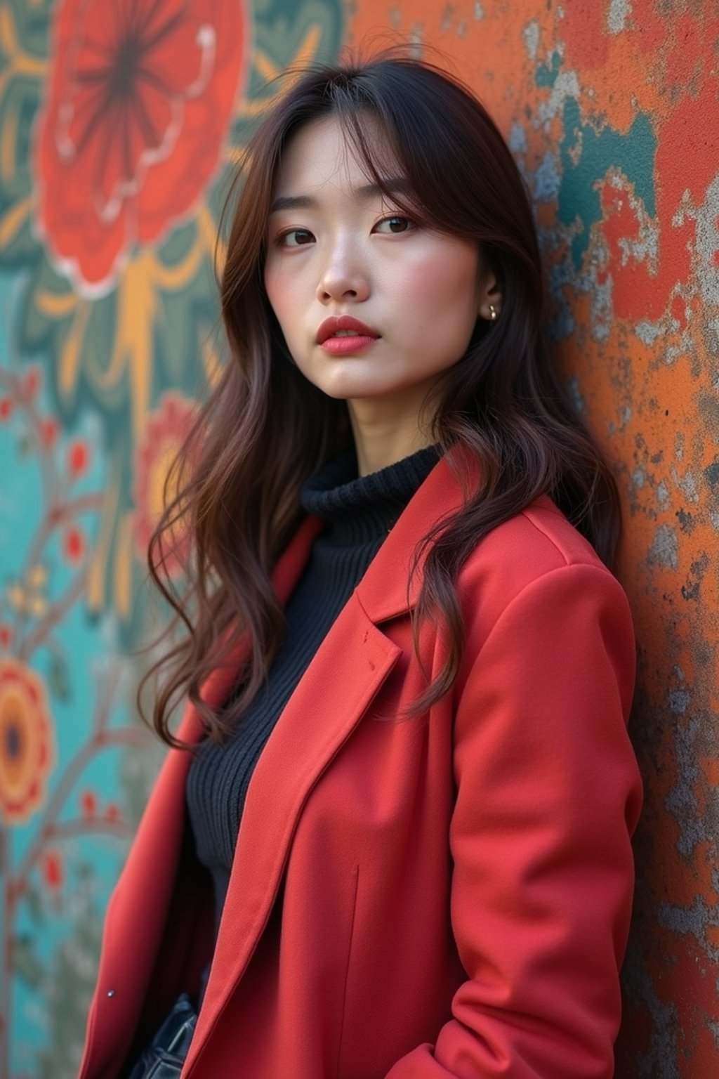 a fashionable  feminine woman posing in front of street art