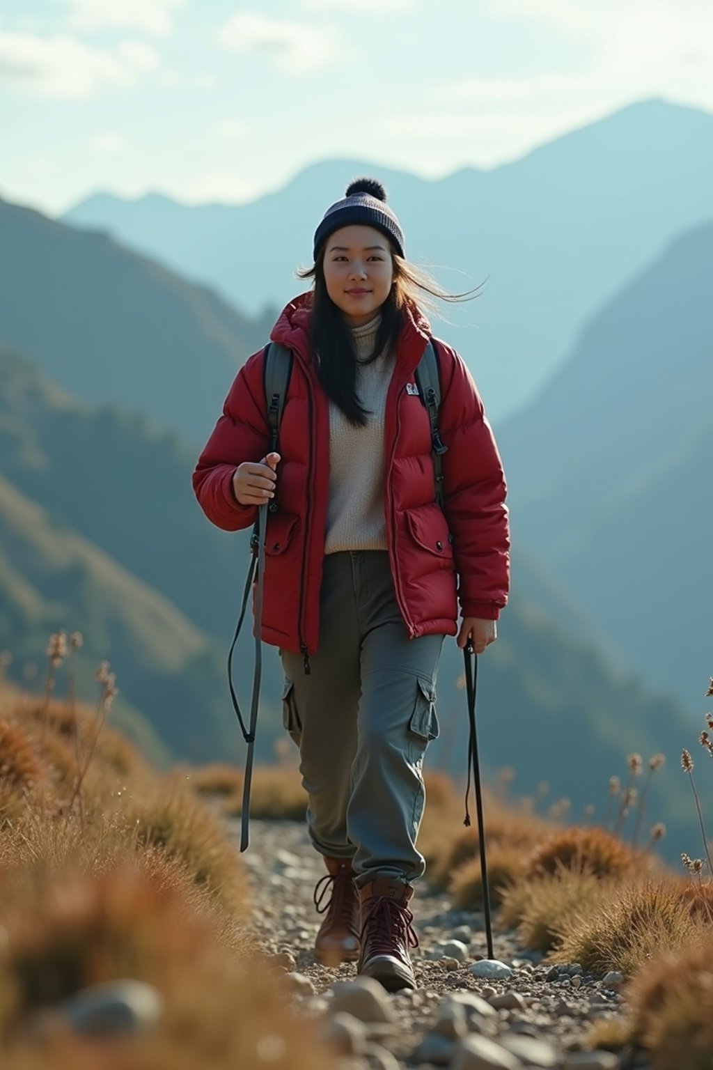 an adventurous  feminine woman hiking in the mountains