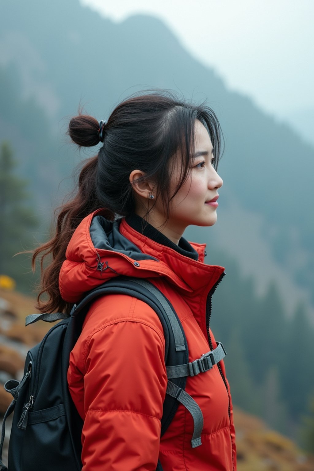 an adventurous  feminine woman hiking in the mountains