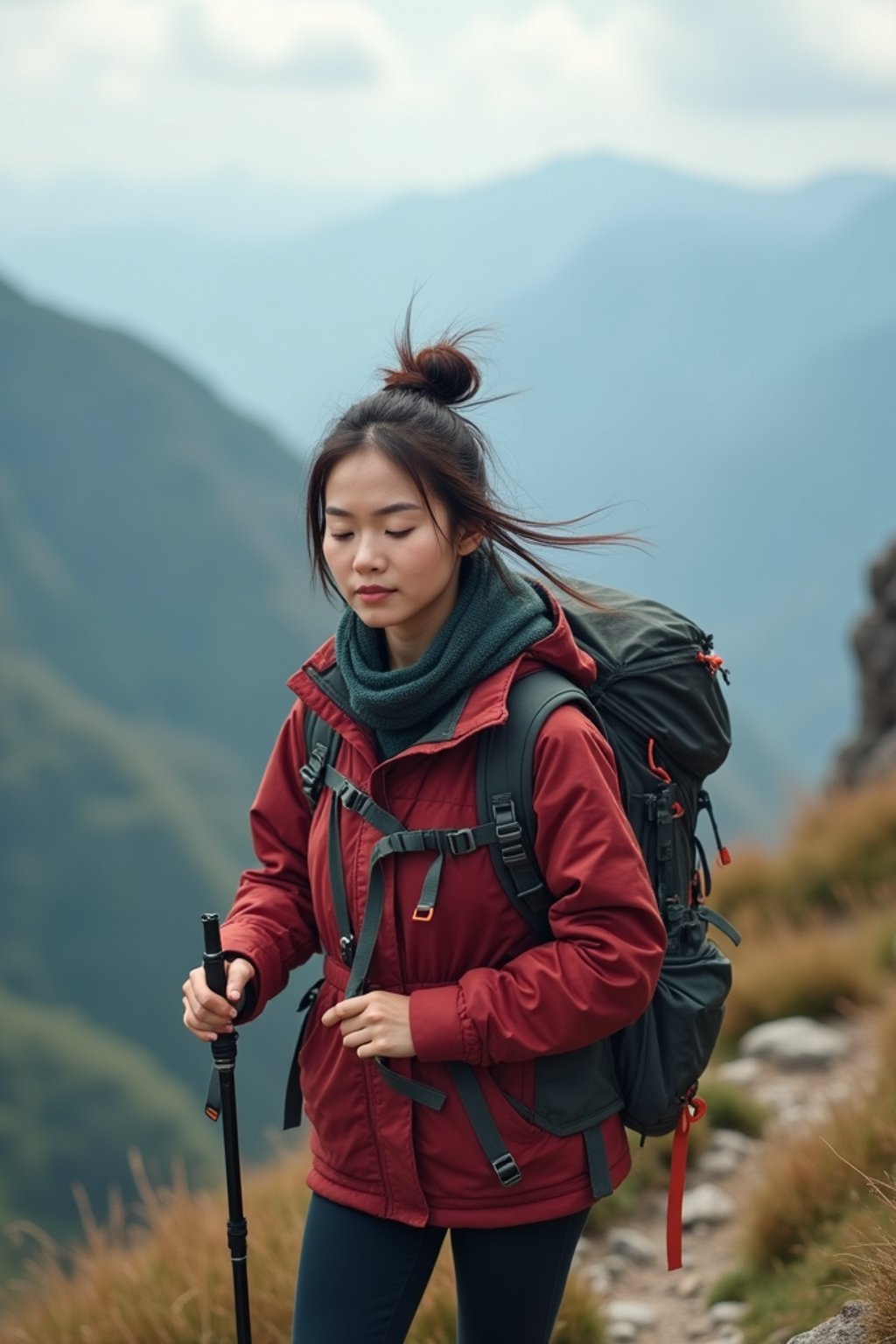 an adventurous  feminine woman hiking in the mountains