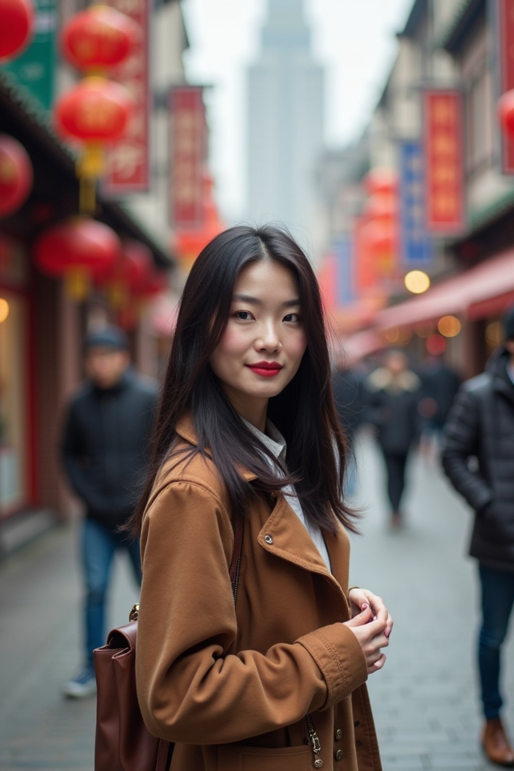 a confident  feminine woman exploring a bustling city street