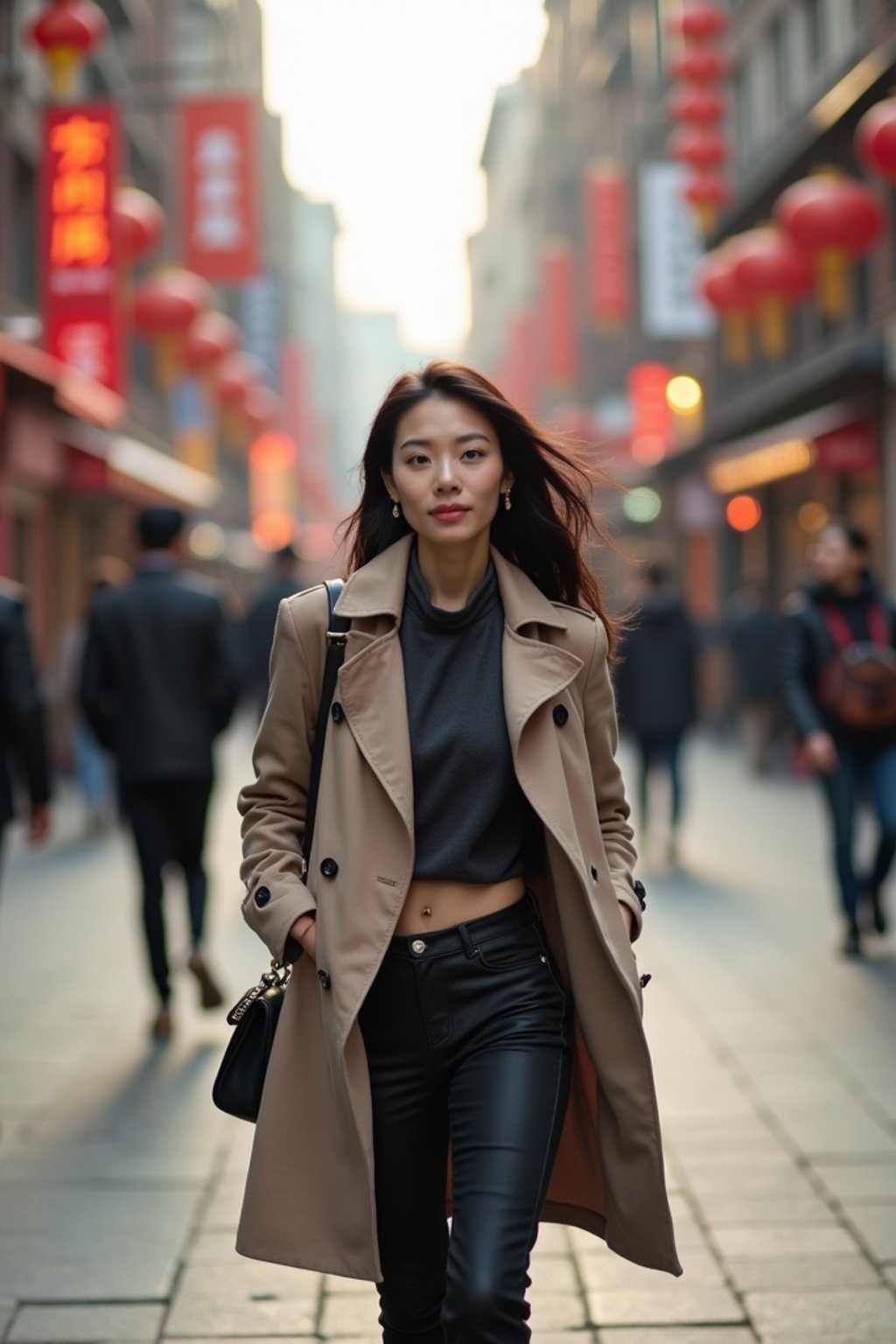 a confident  feminine woman exploring a bustling city street