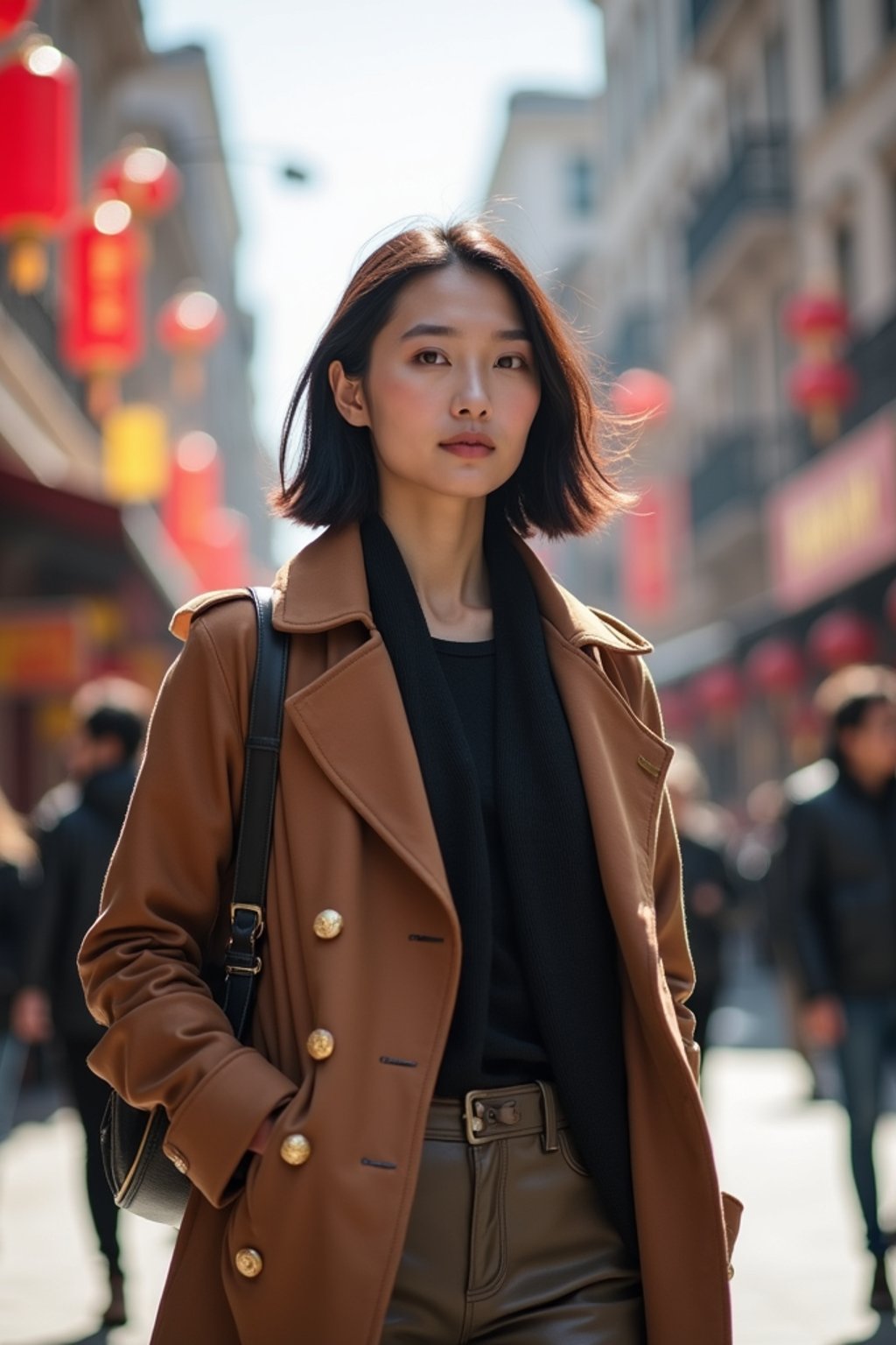 a confident  feminine woman exploring a bustling city street