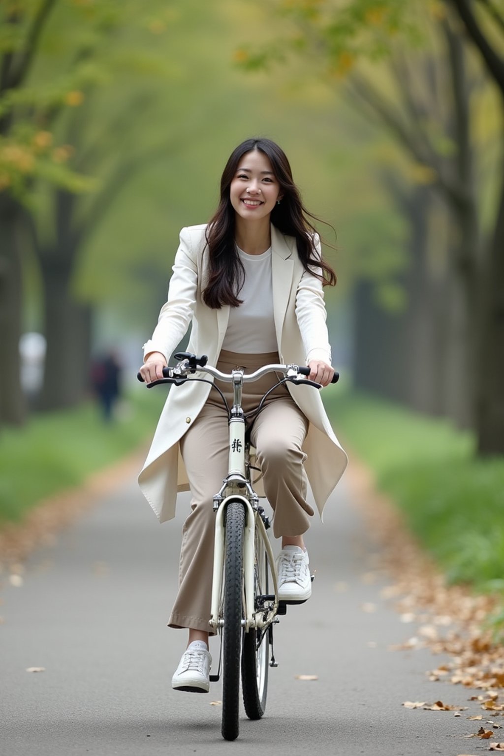 a stylish  feminine woman enjoying a leisurely bike ride along a scenic path