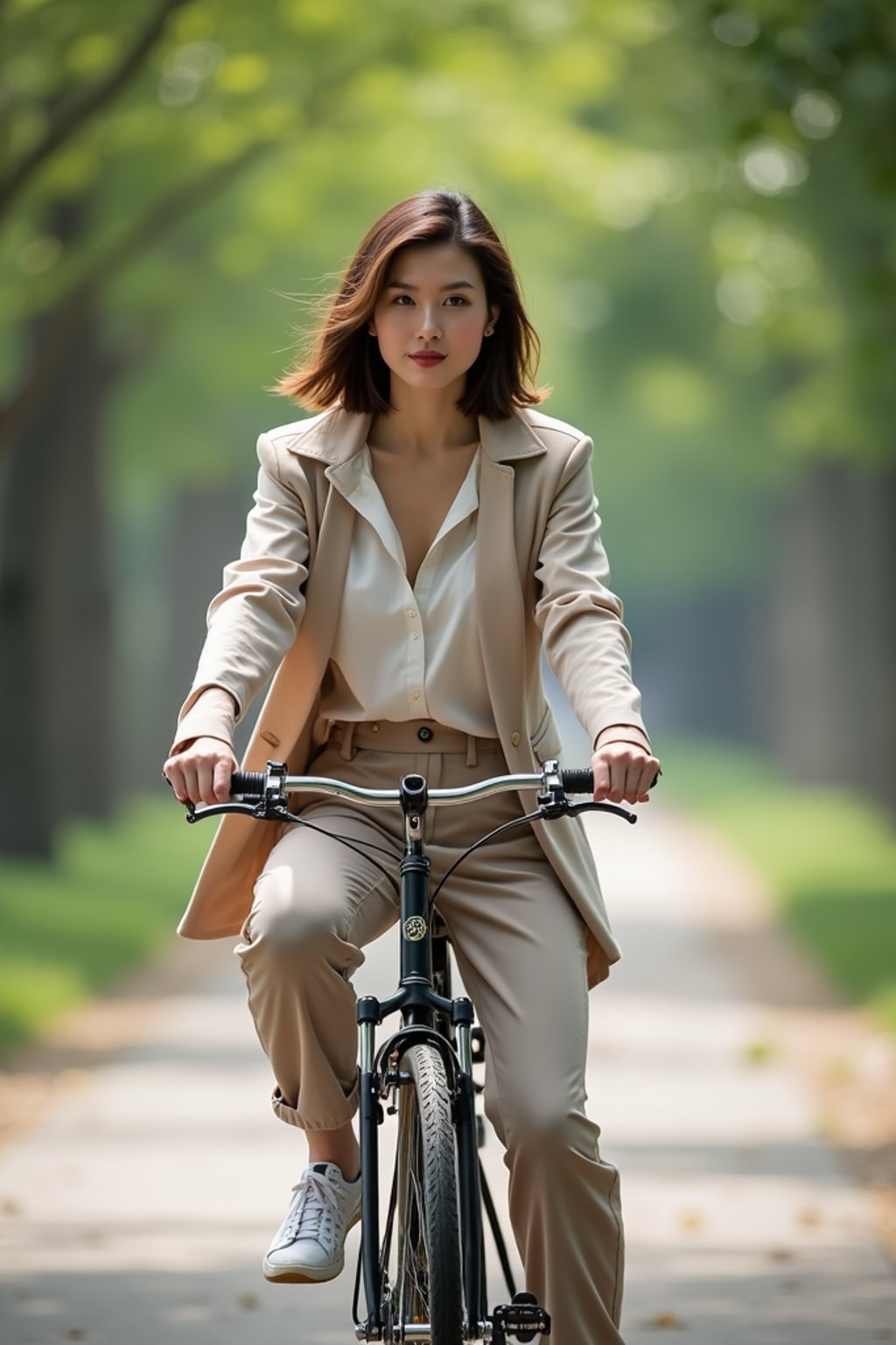 a stylish  feminine woman enjoying a leisurely bike ride along a scenic path