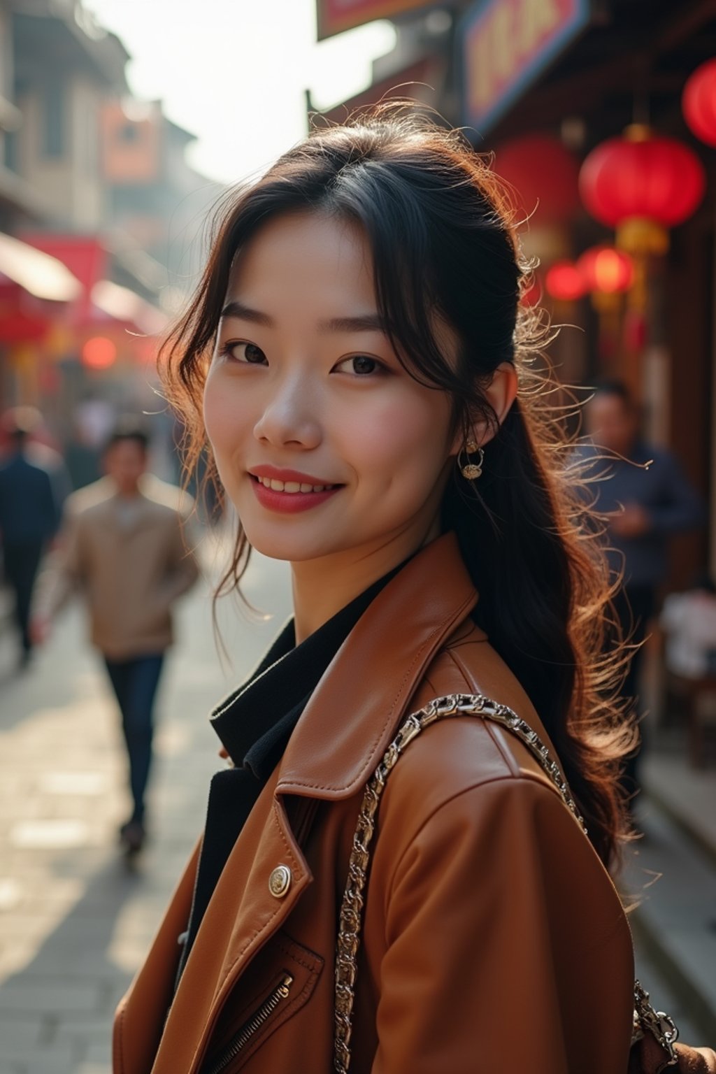 a charismatic  feminine woman exploring a street market