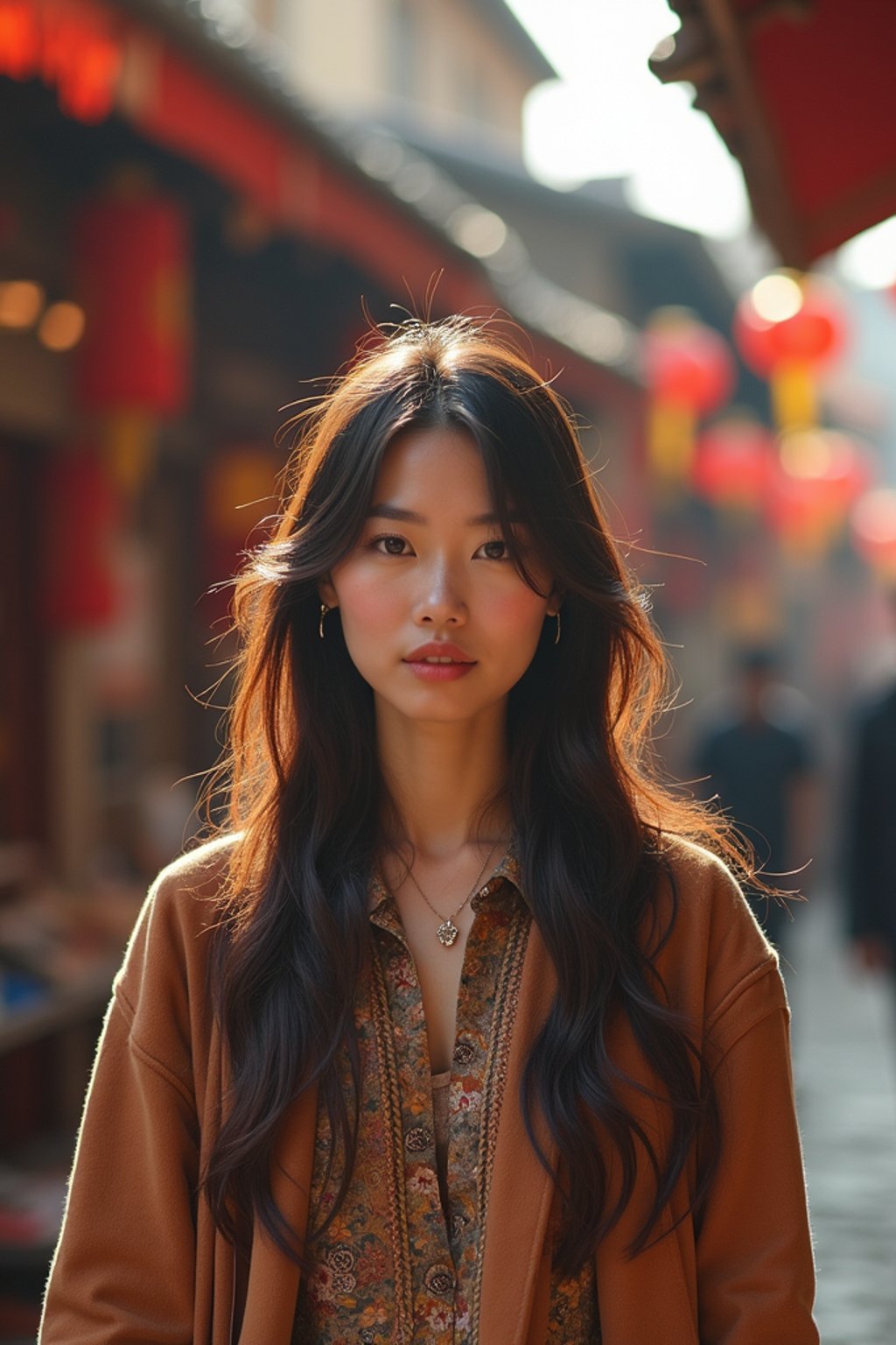 a charismatic  feminine woman exploring a street market