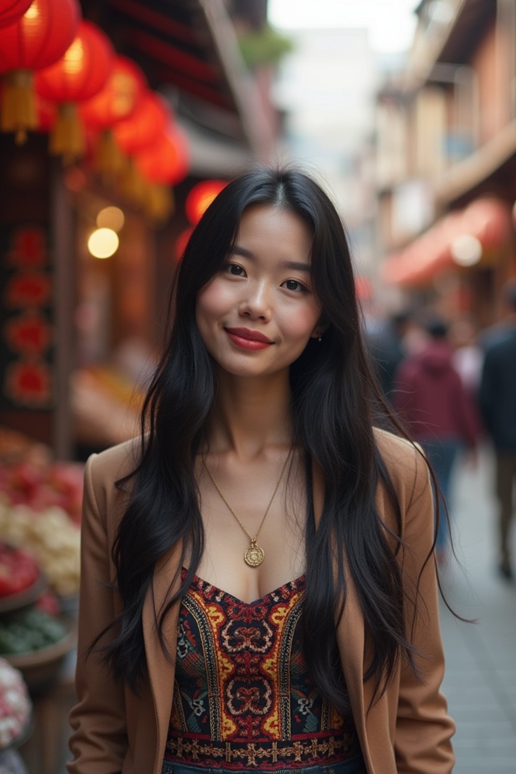 a charismatic  feminine woman exploring a street market