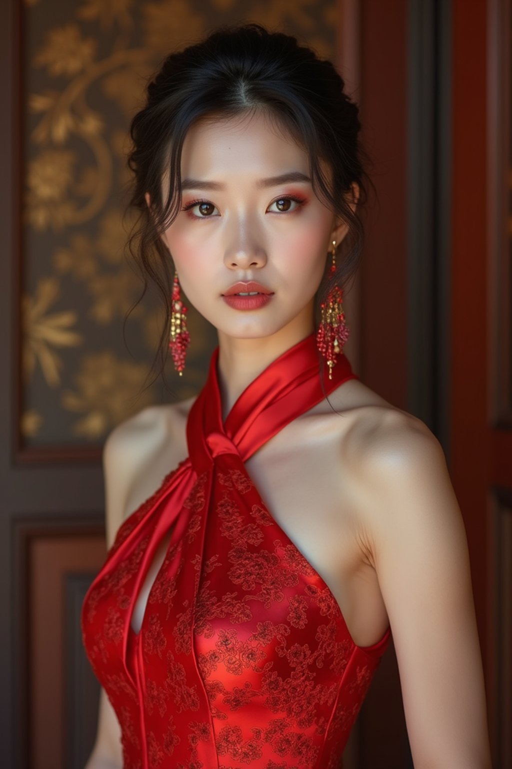 an alluring  feminine woman dressed in elegant evening wear