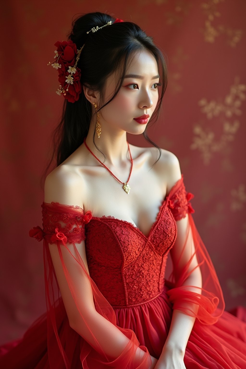 an alluring  feminine woman dressed in elegant evening wear