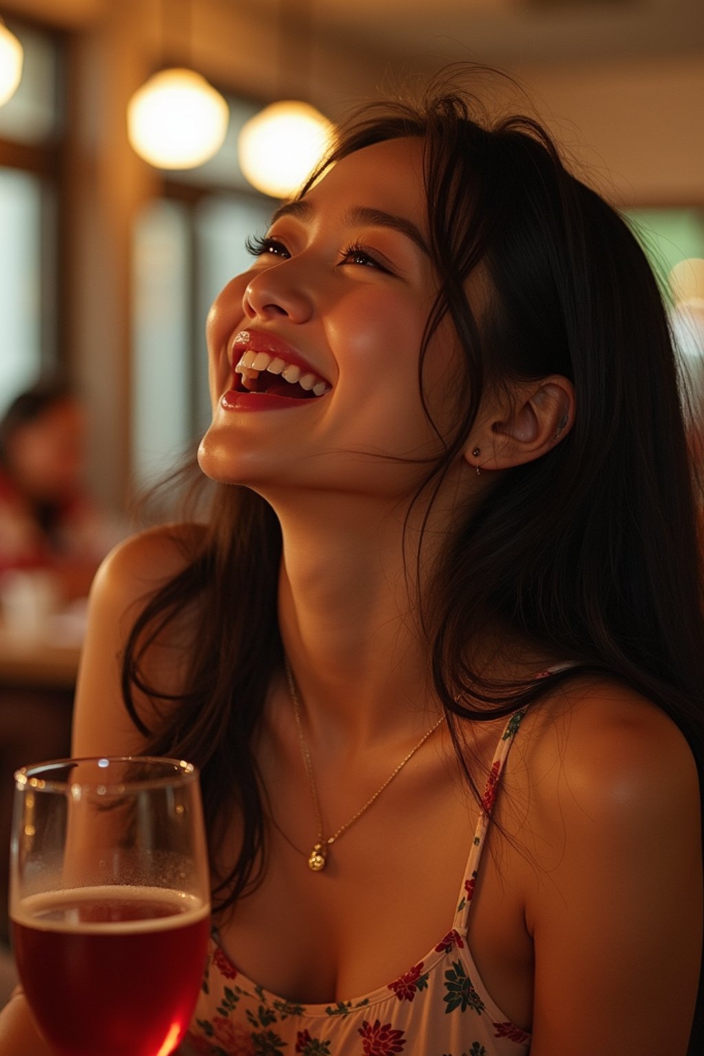 feminine woman laughing and hanging out with friends