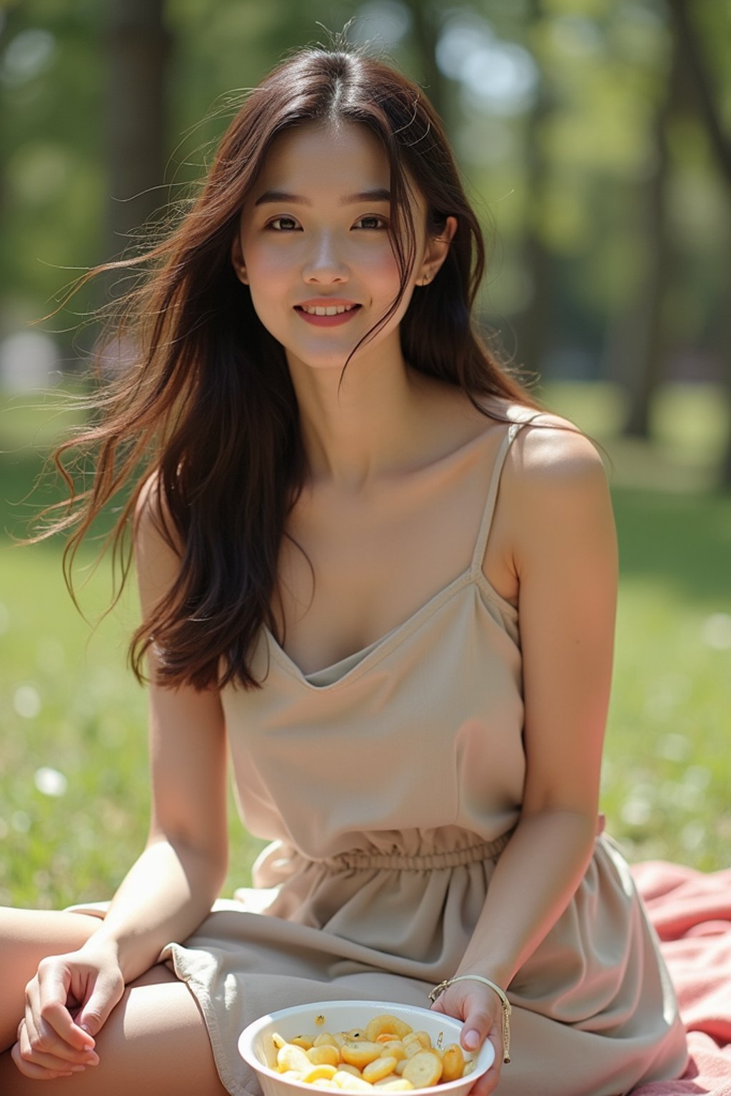 feminine woman having a fun outdoor picnic