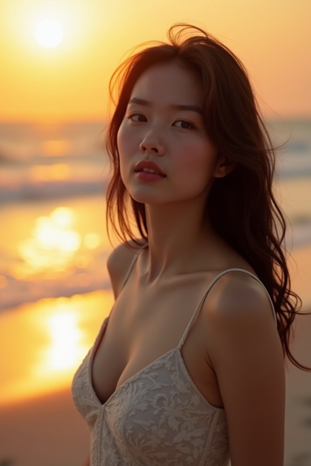 feminine woman enjoying a sunset at a beach or park