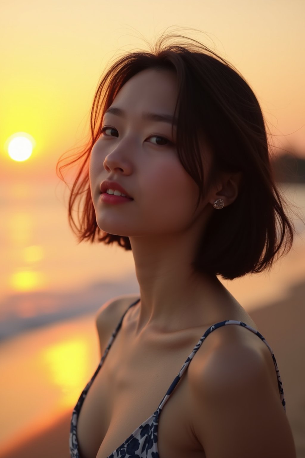 feminine woman enjoying a sunset at a beach or park