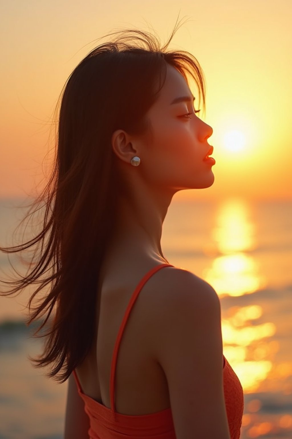 feminine woman enjoying a sunset at a beach or park