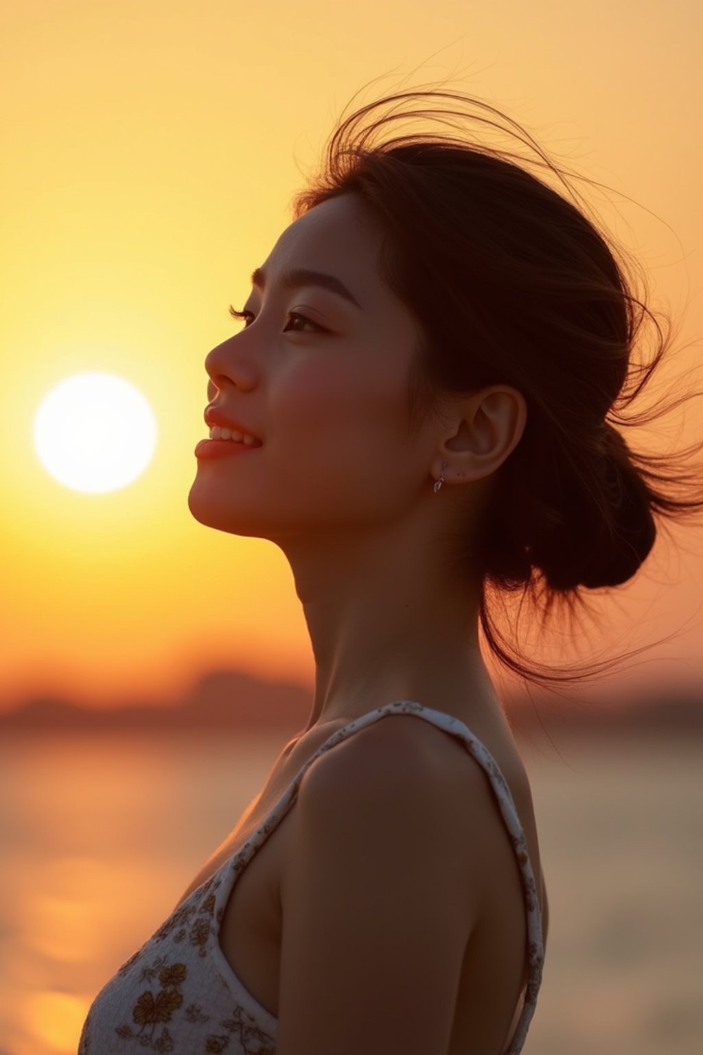 feminine woman enjoying a sunset at a beach or park