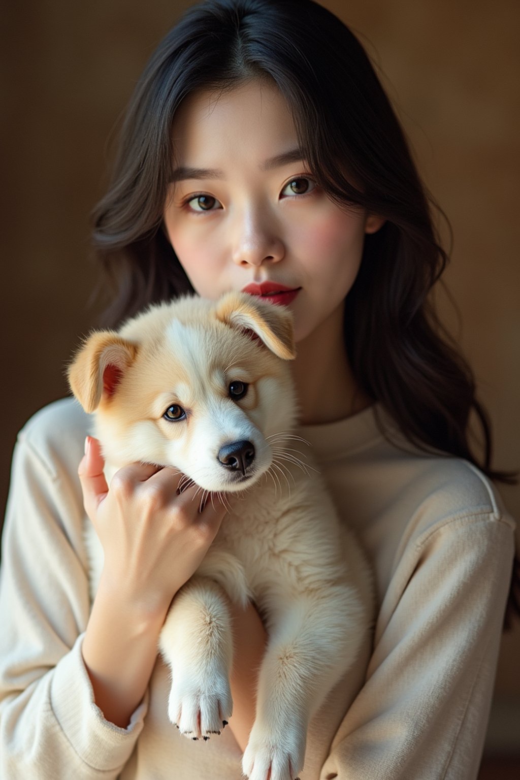 feminine woman posing with a cute pet