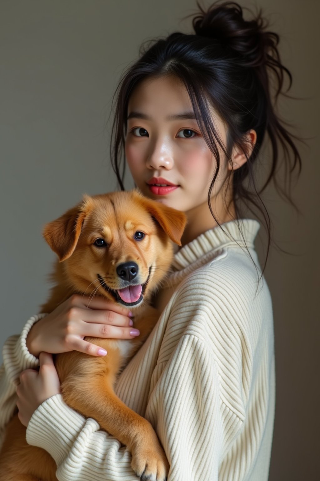 feminine woman posing with a cute pet