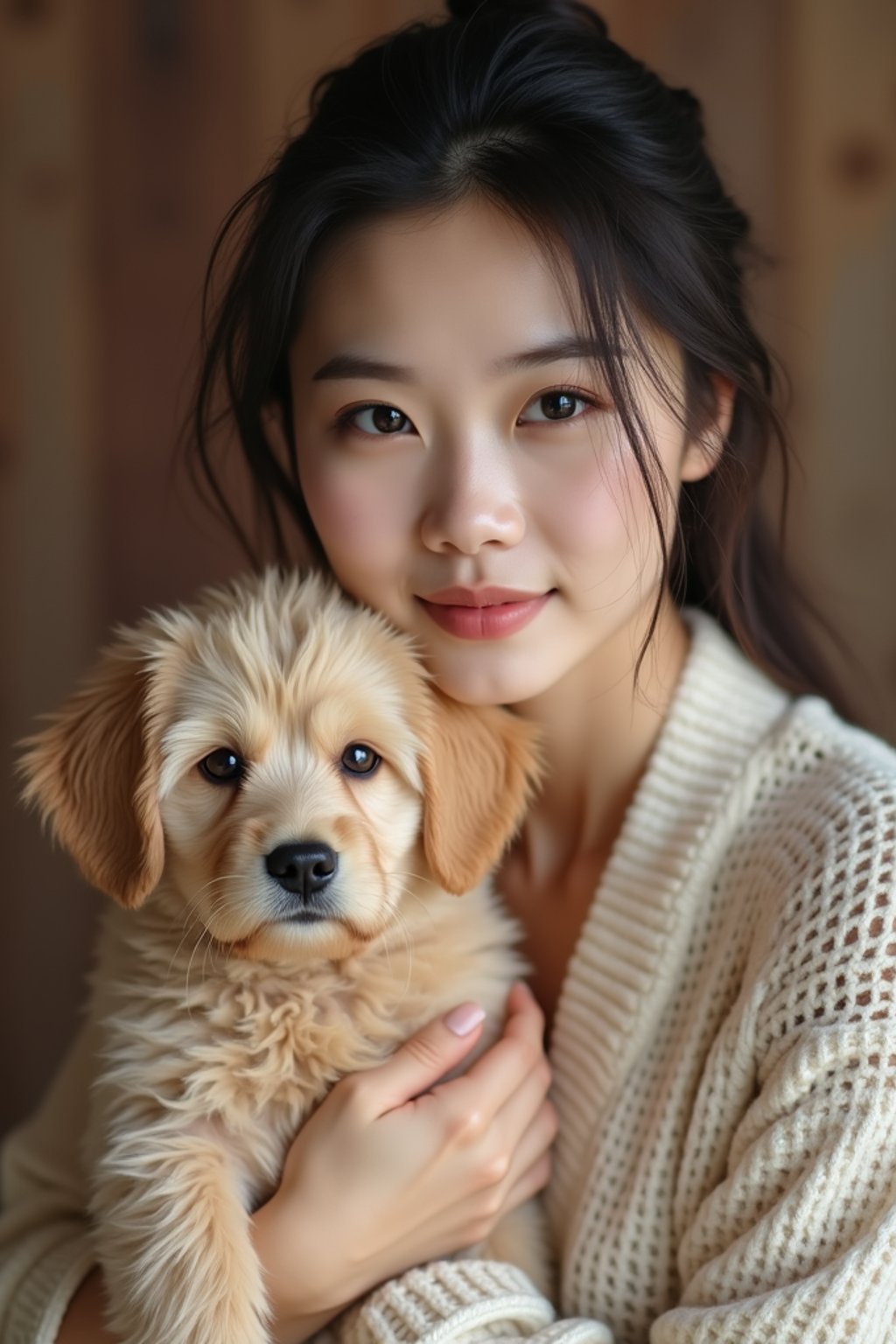 feminine woman posing with a cute pet