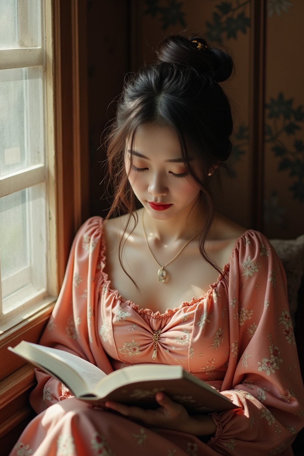 feminine woman reading a book in a cozy home environment