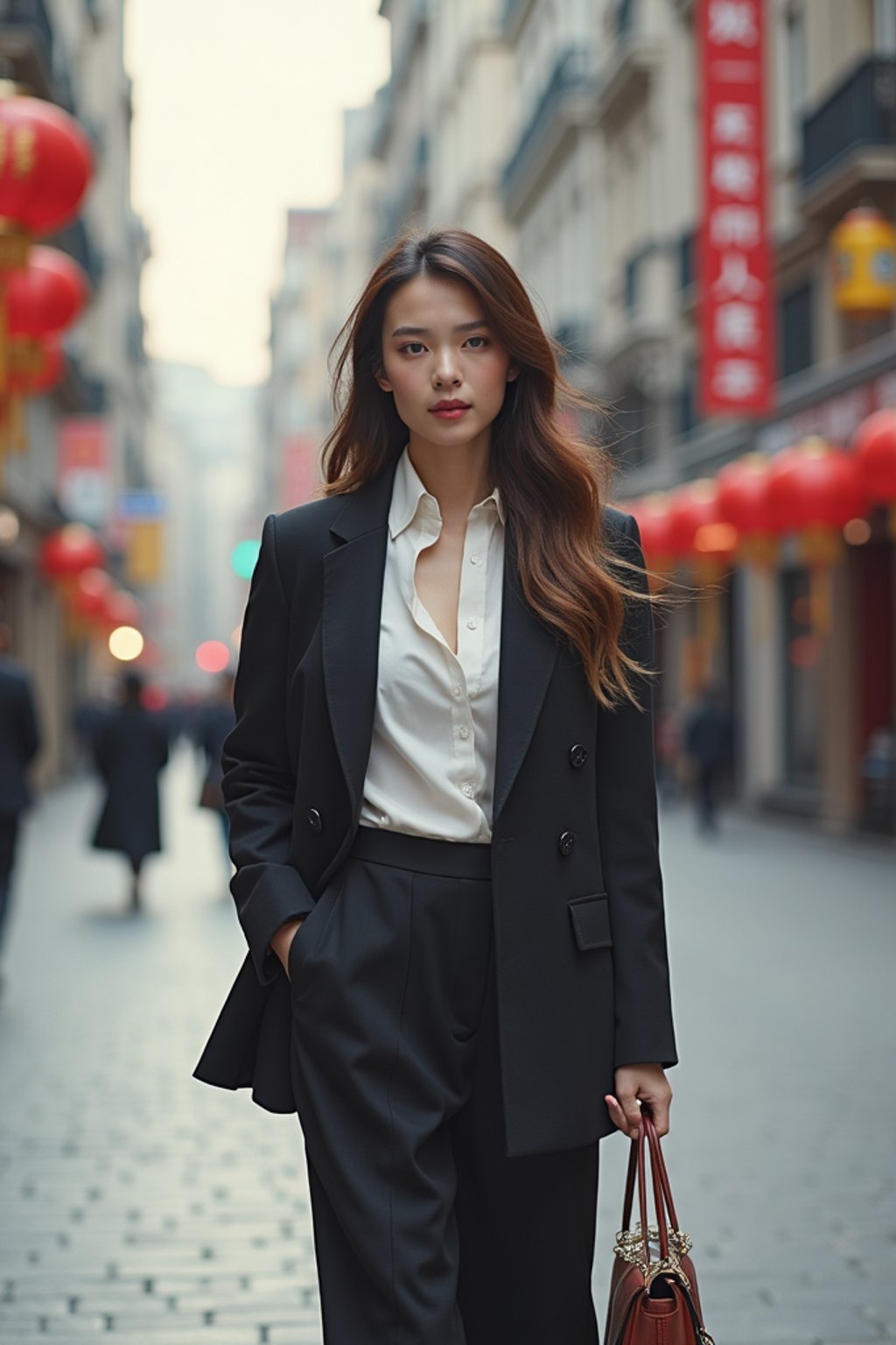 feminine woman taking a casual stroll through a cityscape