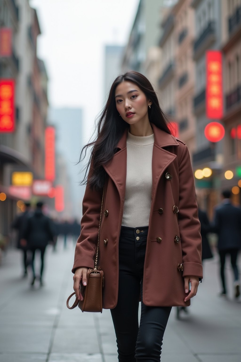 feminine woman taking a casual stroll through a cityscape