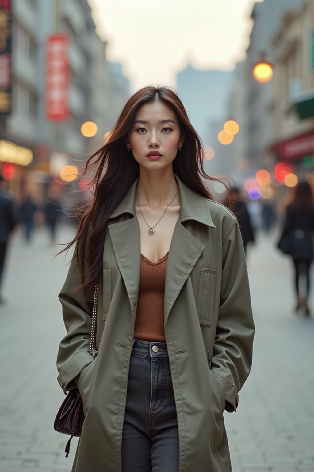 feminine woman taking a casual stroll through a cityscape