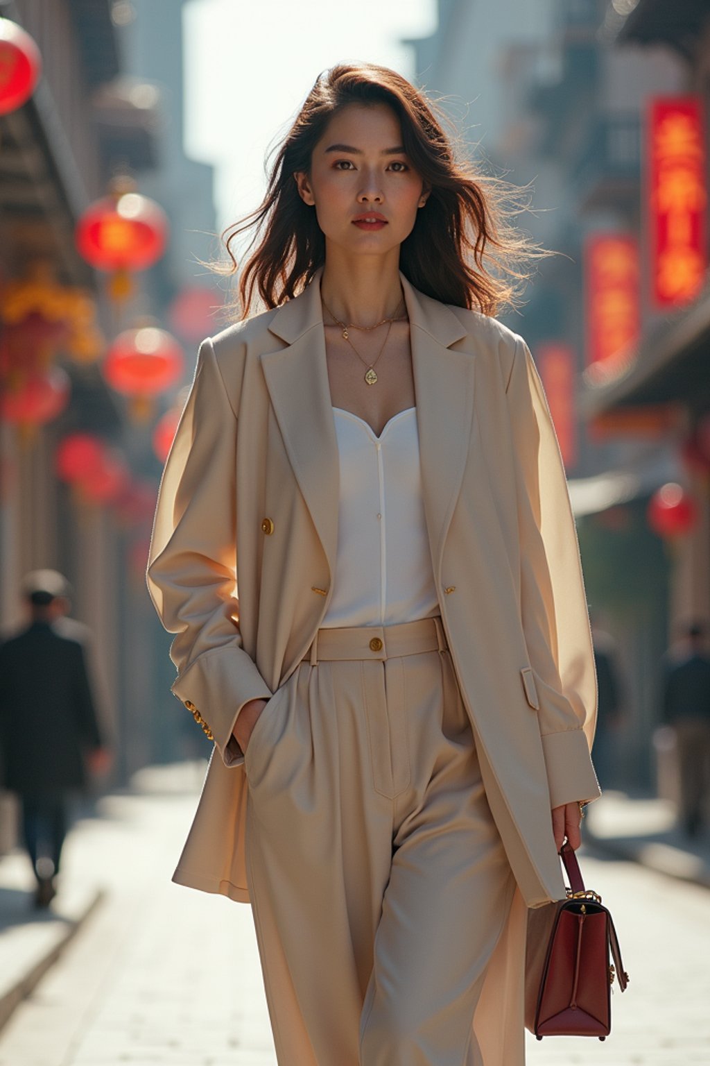 feminine woman taking a casual stroll through a cityscape