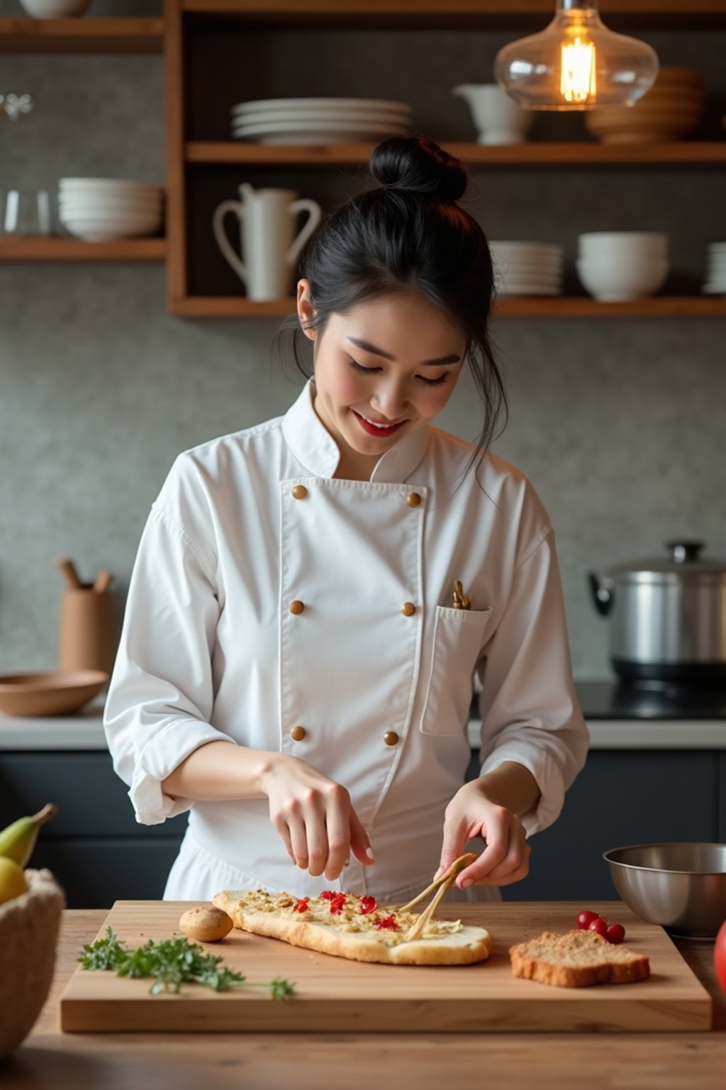 feminine woman cooking or baking in a modern kitchen