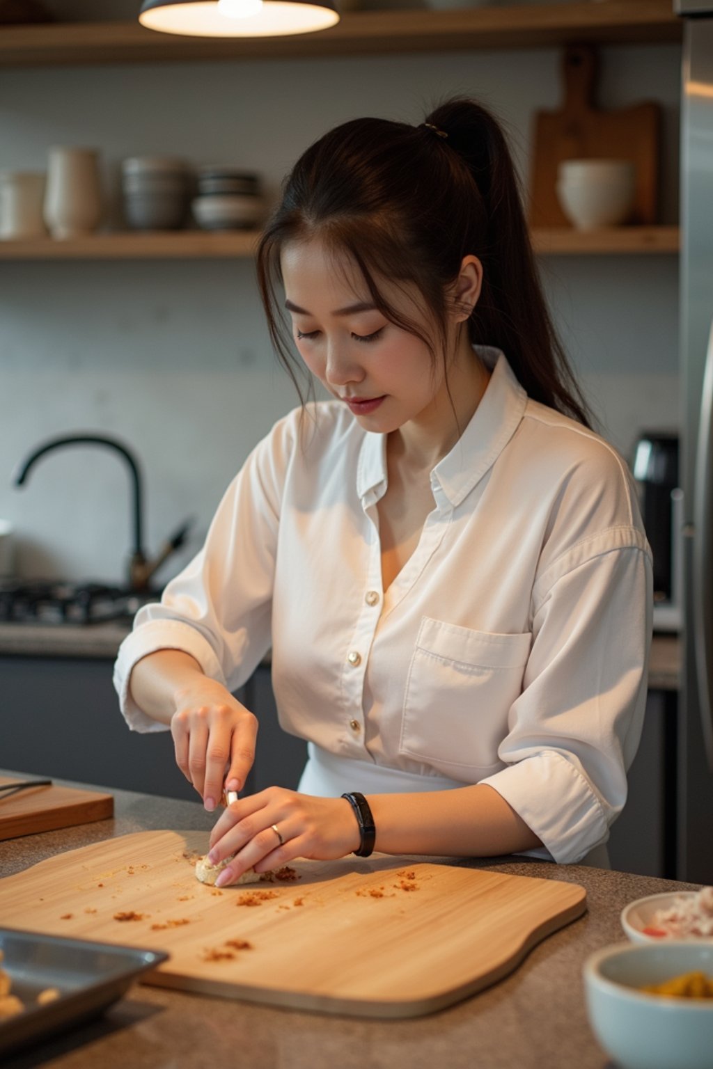 feminine woman cooking or baking in a modern kitchen