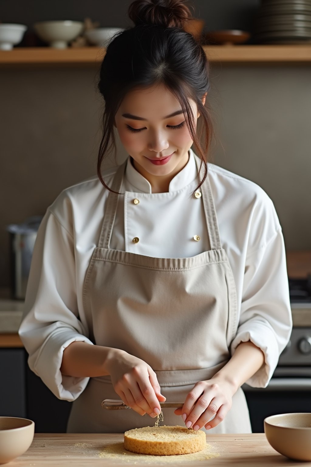 feminine woman cooking or baking in a modern kitchen