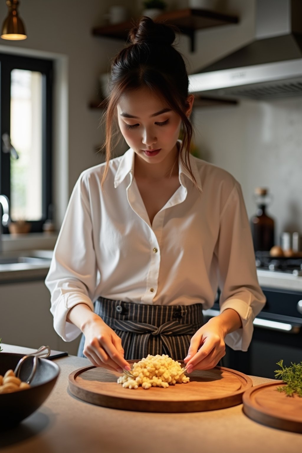 feminine woman cooking or baking in a modern kitchen