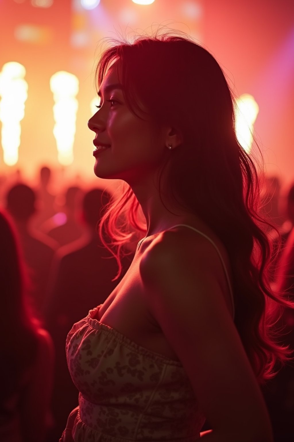 feminine woman enjoying a concert or music festival