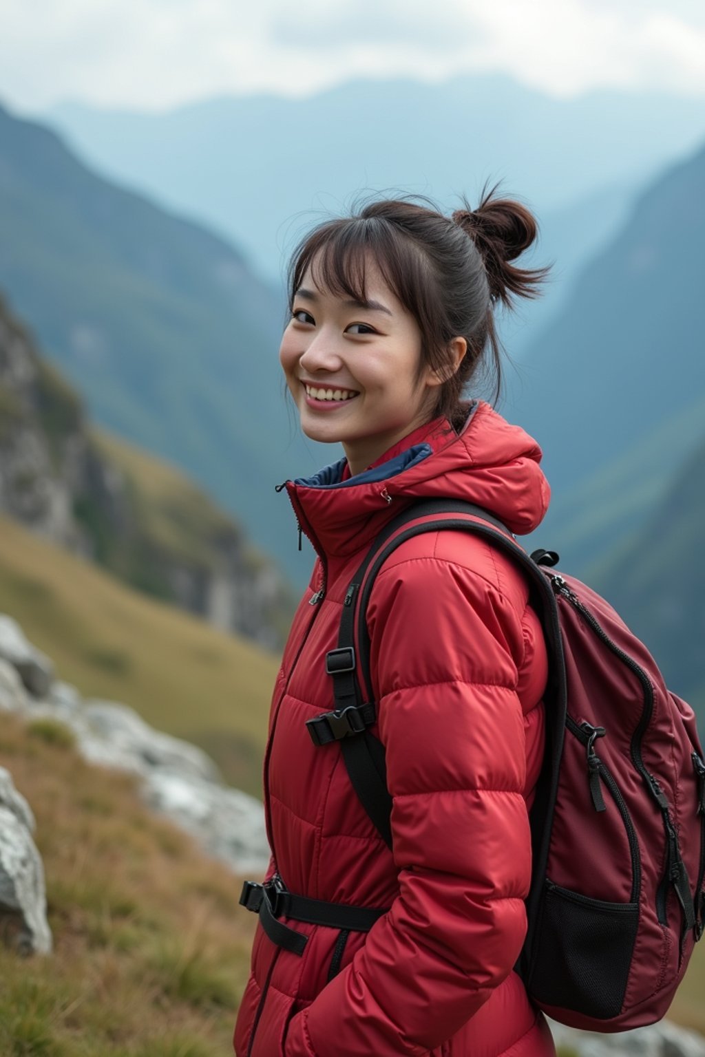 feminine woman in going hiking outdoors in mountains