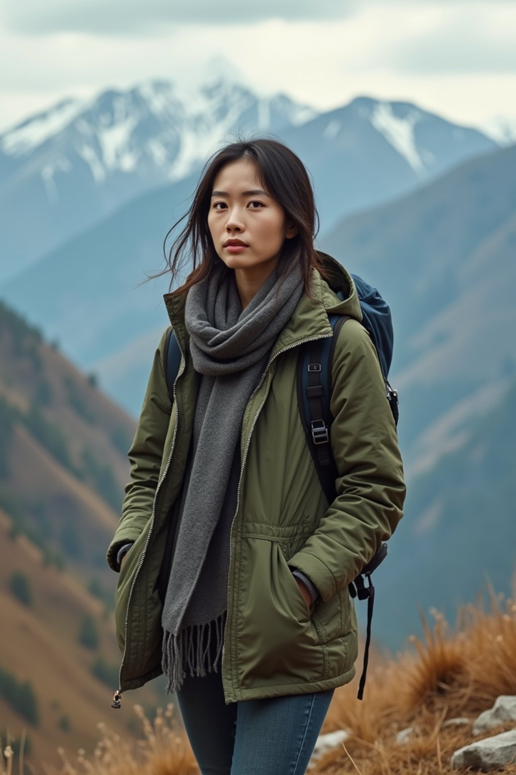 feminine woman in going hiking outdoors in mountains