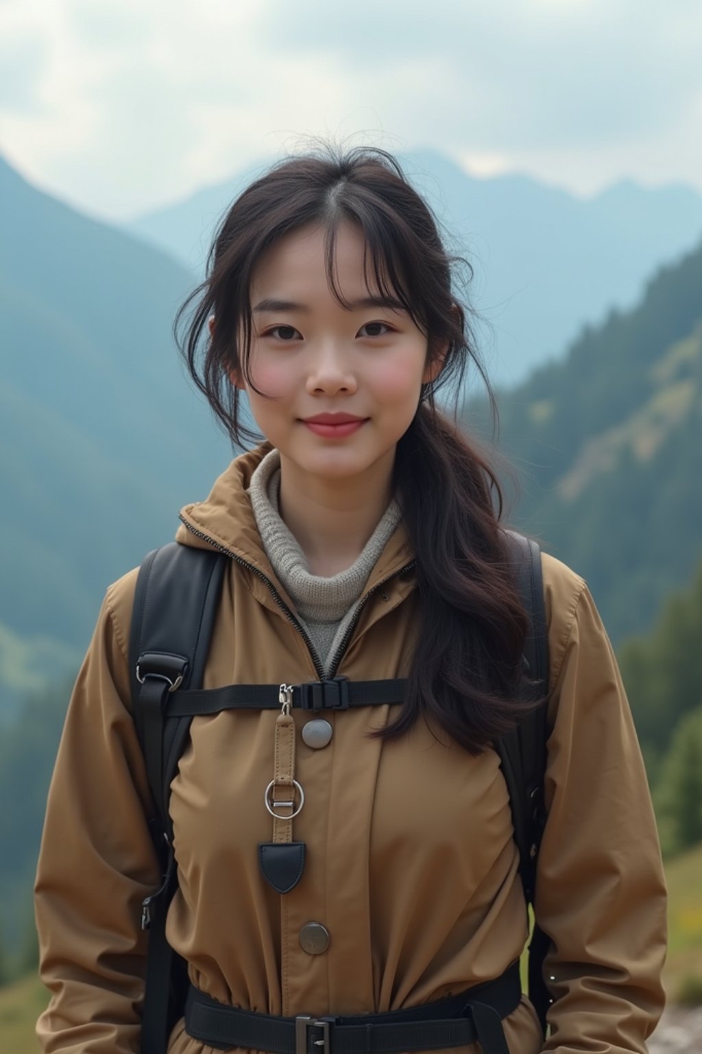 feminine woman in going hiking outdoors in mountains