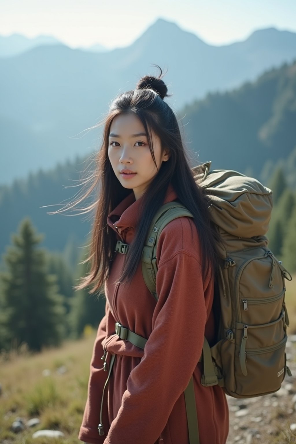 feminine woman in going hiking outdoors in mountains